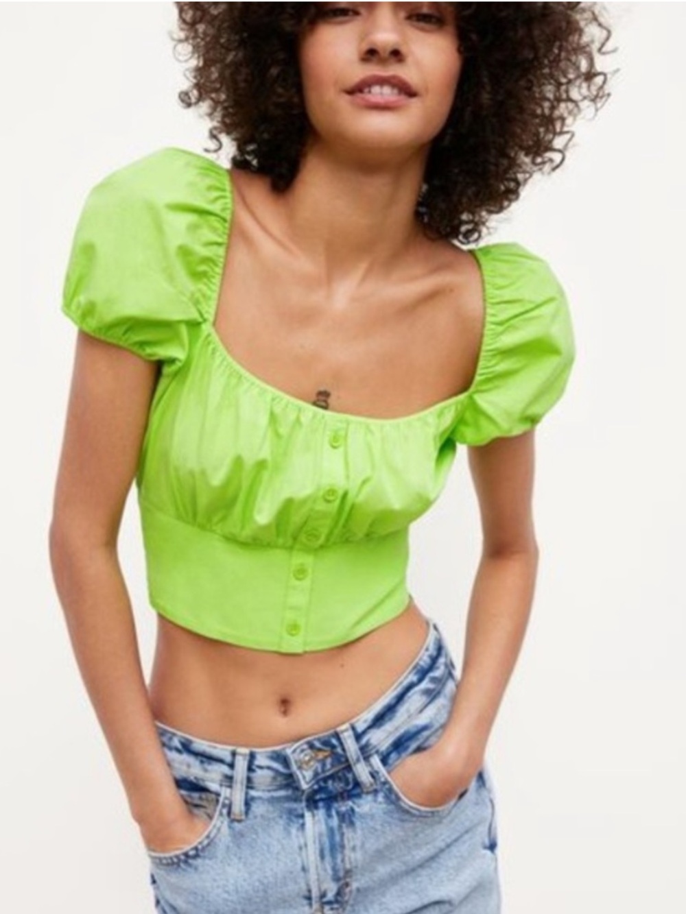 Zara Crop Puff-Sleeve Button Front Top in Lime Green